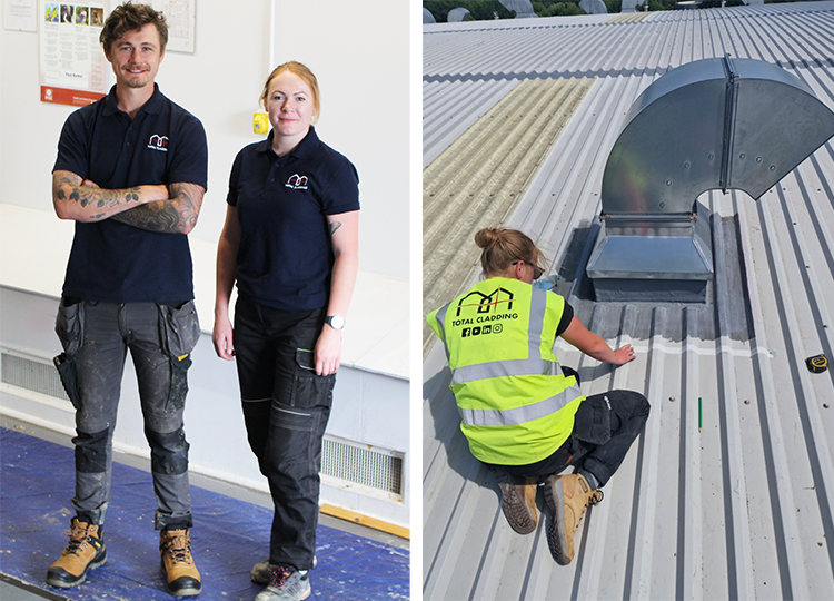 Image of Xena at the Triflex HQ after completing training to become a Triflex Authorised Contractor. It also shows Xena at work on a metal roof.