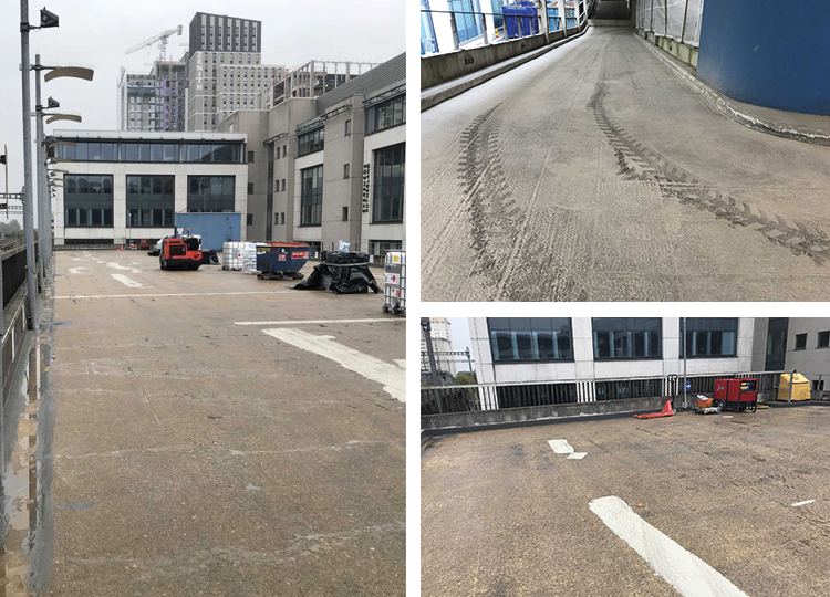 Triflex image of Callaghan Square car park in Cardiff before and during works.